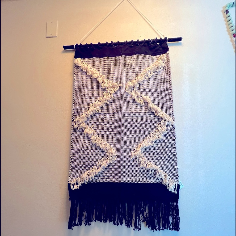 Wall hanging , Hand woven flat weave made with Black & cream white wool